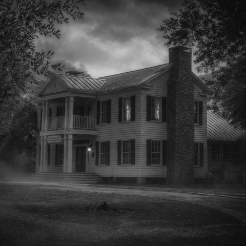Old two-story house with columns and shutters, surrounded by trees, in a spooky grayscale setting.