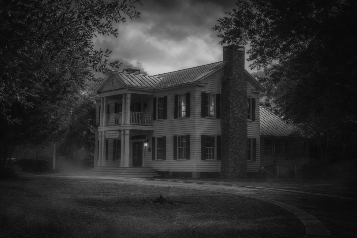 Old two-story house with columns and shutters, surrounded by trees, in a spooky grayscale setting.