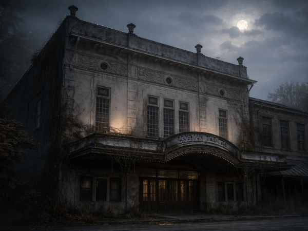 Old, abandoned theater with overgrown vines under a cloudy, moonlit sky.