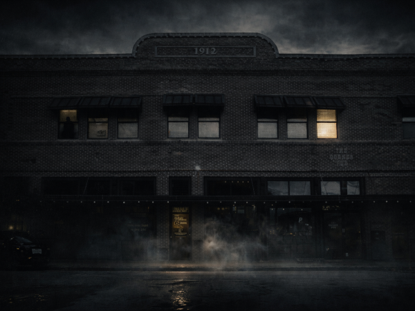 Dark brick building with lit window, fog on street.
