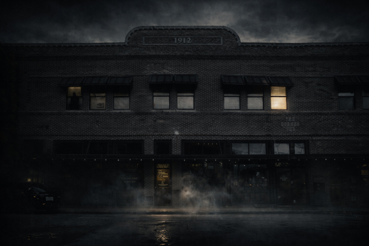 Dark brick building with lit window, fog on street.