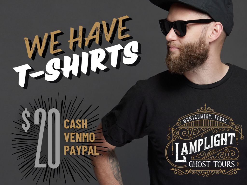 Man in black sunglasses wearing a 'Lamplight Ghost Tours' T-shirt, promoting $20 price via cash, Venmo, or PayPal.