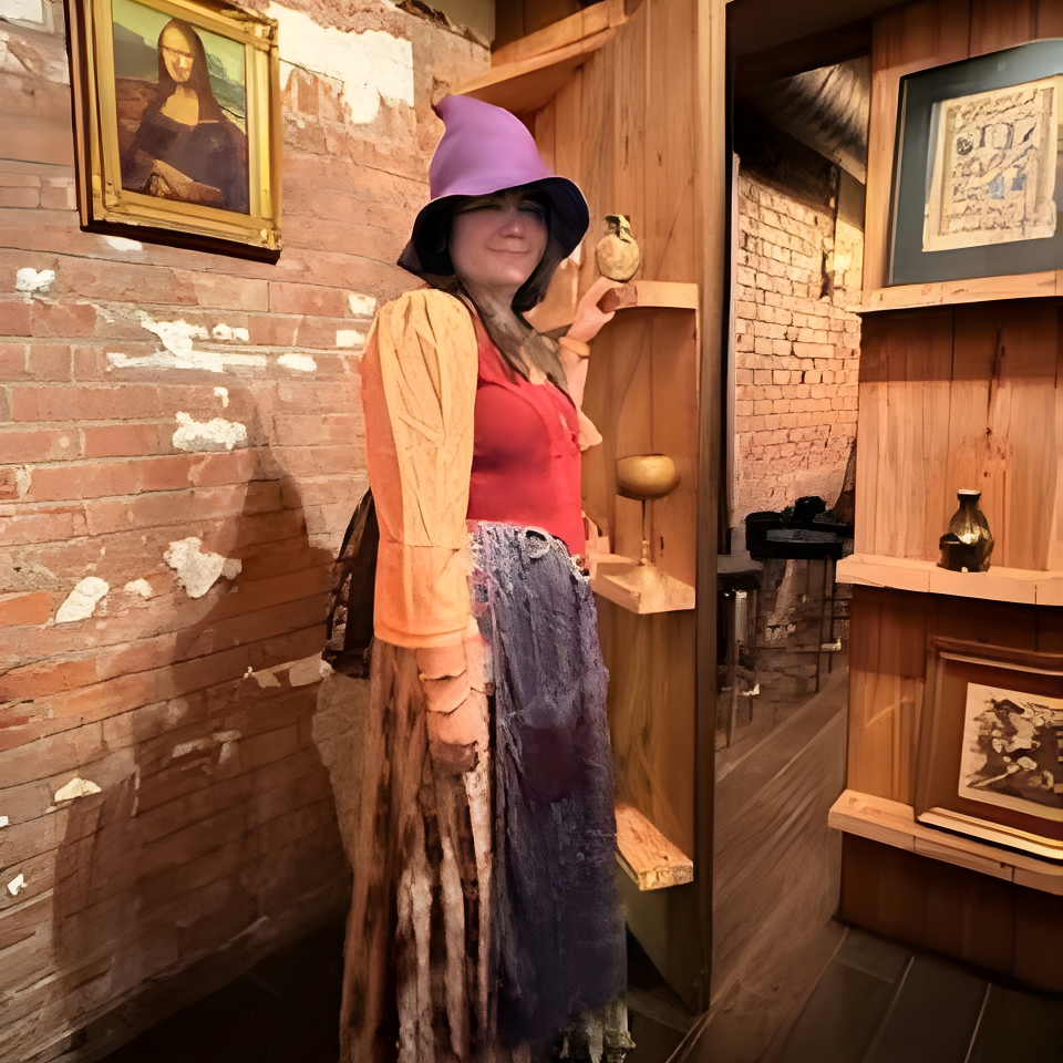 Person in witch costume by brick wall with art and shelves.