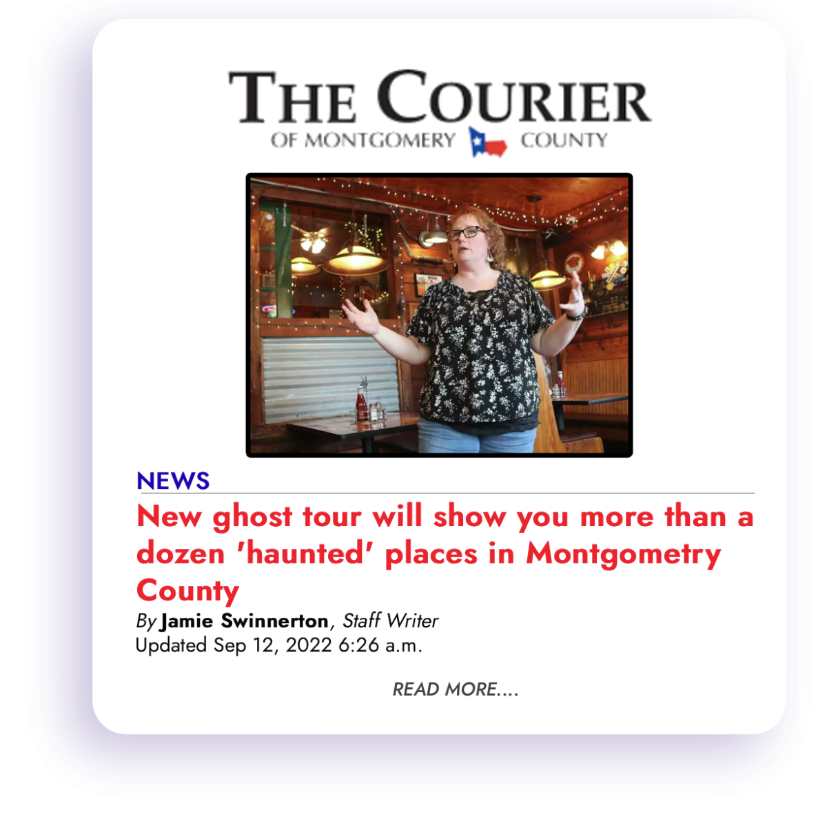 Article titled 'New ghost tour' with a woman gesturing in a room.