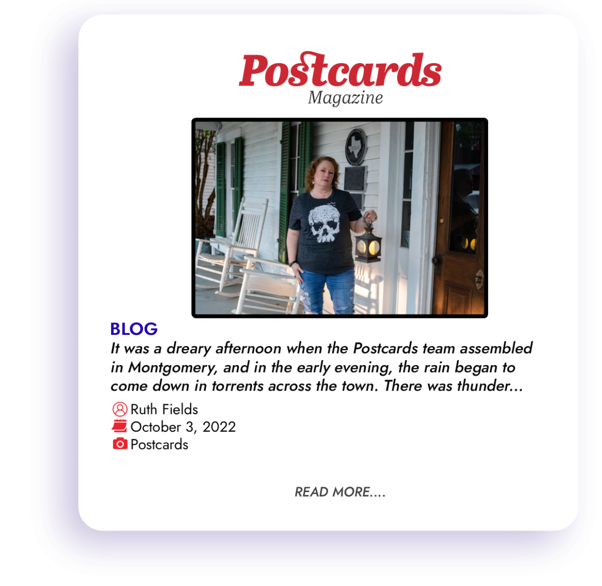 Person in skull T-shirt stands on porch for Postcards Magazine.